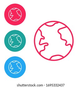 Icono de globo terrestre de línea roja aislado en fondo blanco. Signo mundial o terrestre. Símbolo global de internet. Formas geométricas. Establezca iconos en los botones de círculo. Ilustración vectorial