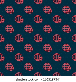 Red line Earth globe and leaf icon isolated seamless pattern on black background. World or Earth sign. Geometric shapes. Environmental concept.  Vector Illustration