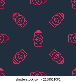 Línea roja Hoja de naturaleza ecológica e icono de batería aislados sin fisuras en fondo negro. Energía basada en el concepto de ahorro ecológico.  Vector