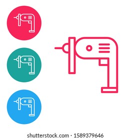 Red line Electric drill machine icon isolated on white background. Repair tool. Set icons in circle buttons. Vector Illustration
