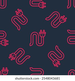 Línea roja Icono de enchufe eléctrico aislado sin patrón sobre fondo negro. Concepto de conexión y desconexión de la electricidad.  Vector