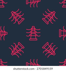 Línea roja Torre eléctrica utilizada para la Asistencia de un icono de línea eléctrica aérea aislado sin patrón sobre fondo negro. Línea de poste de alta tensión.  Vector