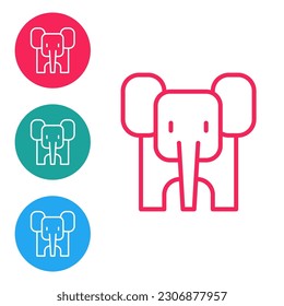 Icono de la línea roja Elefante aislado en fondo blanco. Establezca los iconos en los botones de círculo. Vector