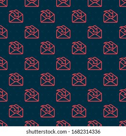 Red line Envelope icon isolated seamless pattern on black background. Received message concept. New, email incoming message, sms. Mail delivery service.  Vector Illustration