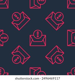 Red line Envelope icon isolated seamless pattern on black background. Received message concept. New, email incoming message, sms. Mail delivery service.  Vector