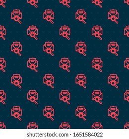 Red line Envelope mail with magnifying glass icon isolated seamless pattern on black background.  Vector Illustration