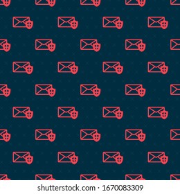 Red line Envelope with shield icon isolated seamless pattern on black background. Insurance concept. Security, safety, protection, protect concept.  Vector Illustration