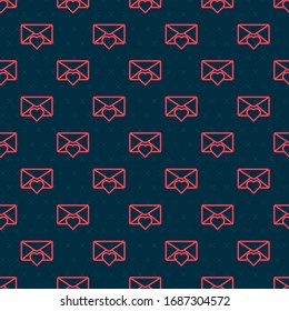 Red line Envelope with Valentine heart icon isolated seamless pattern on black background. Message love. Letter love and romance.  Vector Illustration