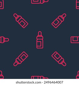 Rote Linie Essential Ölflasche Symbol einzeln nahtloses Muster auf schwarzem Hintergrund. Biologische Aromatherapie Essenz. Hautpflege Serum Glas Tropfenpackung.  Vektorgrafik