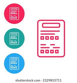 Icono de hoja de examen de línea roja aislado en fondo blanco. Prueba, examen o concepto de encuesta. Prueba o examen escolar. Establezca los iconos en los botones de círculo. Vector