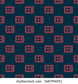 Red line Eye shadow palette with brush icon isolated seamless pattern on black background.  Vector Illustration