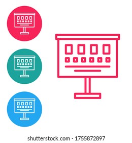 Red line Eye test chart icon isolated on white background. Poster for vision testing in ophthalmic study. Snellen chart. Set icons in circle buttons. Vector Illustration