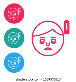 Red line Fatigue icon isolated on white background. No energy. Stress symptom. Negative space. Set icons in circle buttons. Vector Illustration