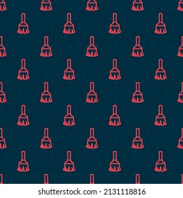 Red line Feather broom for cleaning icon isolated seamless pattern on black background. Feather duster.  Vector
