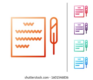 Red line Feather pen and paper scroll icon isolated on white background. Set color icons. Vector Illustration