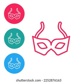 Red line Festive mask icon isolated on white background. Merry Christmas and Happy New Year. Set icons in circle buttons. Vector
