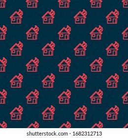 Red line Fire in burning house icon isolated seamless pattern on black background.  Vector Illustration