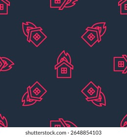 Red line Fire in burning house icon isolated seamless pattern on black background. Insurance concept. Security, safety, protection, protect concept.  Vector