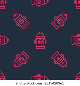 Red line Fire hydrant icon isolated seamless pattern on black background.  Vector