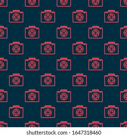 Red line First aid kit icon isolated seamless pattern on black background. Medical box with cross. Medical equipment for emergency. Healthcare concept.  Vector Illustration