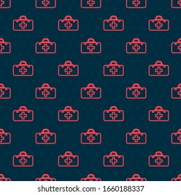 Red line First aid kit icon isolated seamless pattern on black background. Medical box with cross. Medical equipment for emergency. Healthcare concept.  Vector Illustration