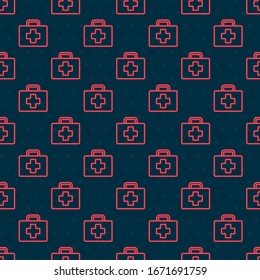 Red line First aid kit icon isolated seamless pattern on black background. Medical box with cross. Medical equipment for emergency. Healthcare concept.  Vector Illustration