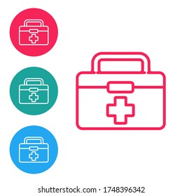 rote Linie Verbandskasten Symbol einzeln auf weißem Hintergrund. Medizinische Box mit Kreuz. Medizinische Ausrüstung für Notfälle. Konzept der Gesundheitsversorgung. Symbole in Kreisknöpfen einstellen. Vektorgrafik