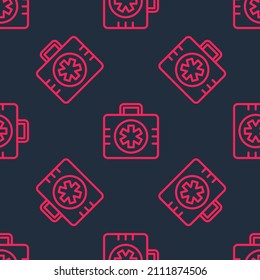 Línea roja Icono del kit de primeros auxilios aislado patrón sin fisuras sobre fondo negro. Caja médica con cruz. Equipo médico de emergencia. Concepto de salud.  Vector