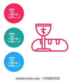 Red line First communion symbols for a nice invitation icon isolated on white background. Set icons in circle buttons. Vector Illustration