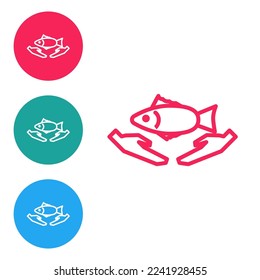 Red line Fish care icon isolated on white background. Set icons in circle buttons. Vector Illustration