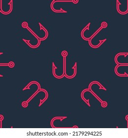 Red line Fishing hook icon isolated seamless pattern on black background. Fishing tackle.  Vector