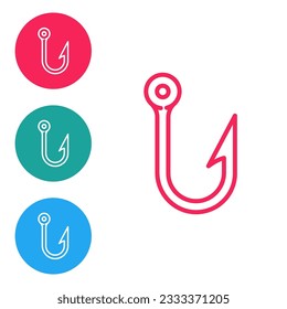 Red line Fishing hook icon isolated on white background. Fishing tackle. Set icons in circle buttons. Vector Illustration