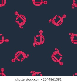 Red line Fishing hook and worm icon isolated seamless pattern on black background. Fishing tackle.  Vector