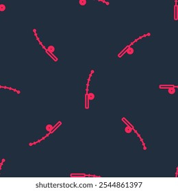 Red line Fishing rod icon isolated seamless pattern on black background. Catch a big fish. Fishing equipment and fish farming topics.  Vector