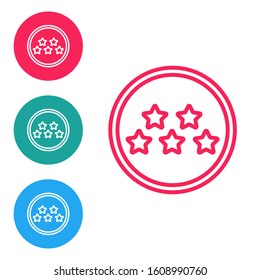 Red line Five stars customer product rating review icon isolated on white background. Favorite, best rating, award symbol. Set icons in circle buttons. Vector Illustration