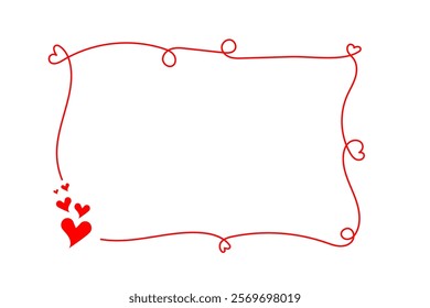 A red line forms a rectangular frame adorned with small hearts. Cluster of hearts on one side. Simple, elegant Valentines design.