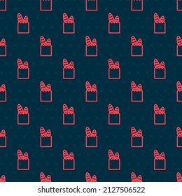 Red line French baguette bread icon isolated seamless pattern on black background.  Vector