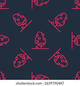 Red line Fruit tree icon isolated seamless pattern on black background. Agricultural plant. Organic farm product. Fruit garden. Gardening theme.  Vector