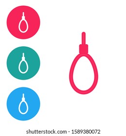 Red line Gallows rope loop hanging icon isolated on white background. Rope tied into noose. Suicide, hanging or lynching. Set icons in circle buttons. Vector Illustration