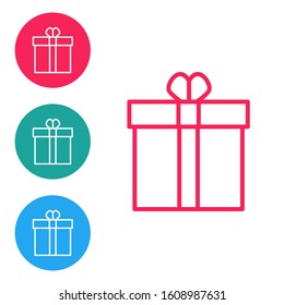 Red line Gift box and heart icon isolated on white background. Valentines day. Set icons in circle buttons. Vector Illustration