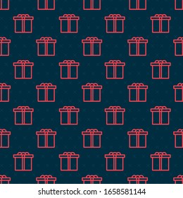 Red line Gift box icon isolated seamless pattern on black background. Happy Birthday.  Vector Illustration