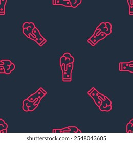 Red line Glass of beer icon isolated seamless pattern on black background.  Vector