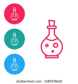 Red line Glass bottle with magic elixir icon isolated on white background. Computer game asset. Set icons in circle buttons. Vector Illustration