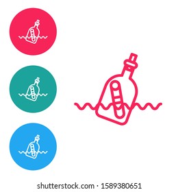 Red line Glass bottle with a message in water icon isolated on white background. Letter in the bottle. Pirates symbol. Set icons in circle buttons. Vector Illustration