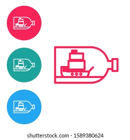 Red line Glass bottle with ship inside icon isolated on white background. Miniature model of marine vessel. Hobby and sea theme. Set icons in circle buttons. Vector Illustration