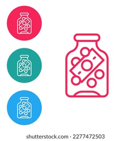 Red line Glass money jar with coin icon isolated on white background. Icon saving or accumulation of money, investment. Set icons in circle buttons. Vector