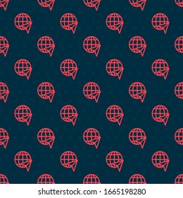Red line Globe with flying plane icon isolated seamless pattern on black background. Airplane fly around the planet earth. Aircraft world icon.  Vector Illustration
