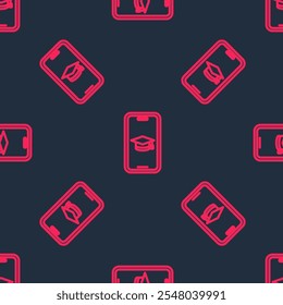 Línea roja Gorra de graduación en el icono del teléfono inteligente aislado sin patrón sobre fondo negro. Aprendizaje en línea o concepto de e-learning.  Vector