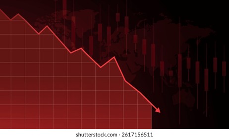 Red line graph crashing to bottom over global map background symbolizes financial collapse and irreversible economic downturn. Concept of economic crisis. Vector illustration