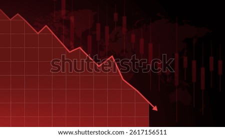 Red line graph crashing to bottom over global map background symbolizes financial collapse and irreversible economic downturn. Concept of economic crisis. Vector illustration